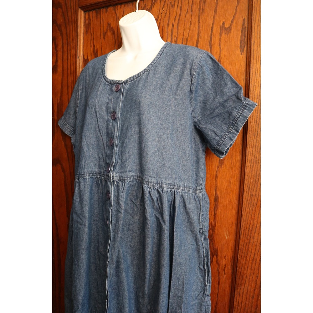 Vintage AMERICAN SWEETHEART Denim Midi Dress Women Large Blue Pocket Buttons 90s - Picture 3 of 15